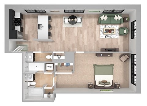 Floor plan for 1 bed, 1.5 baths, 905 sqft
